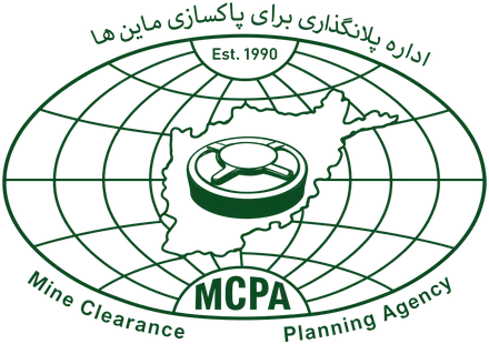 MCPA logo: a globe with a map of Afghanistan and the agency's name in Dari and English, established 1990
