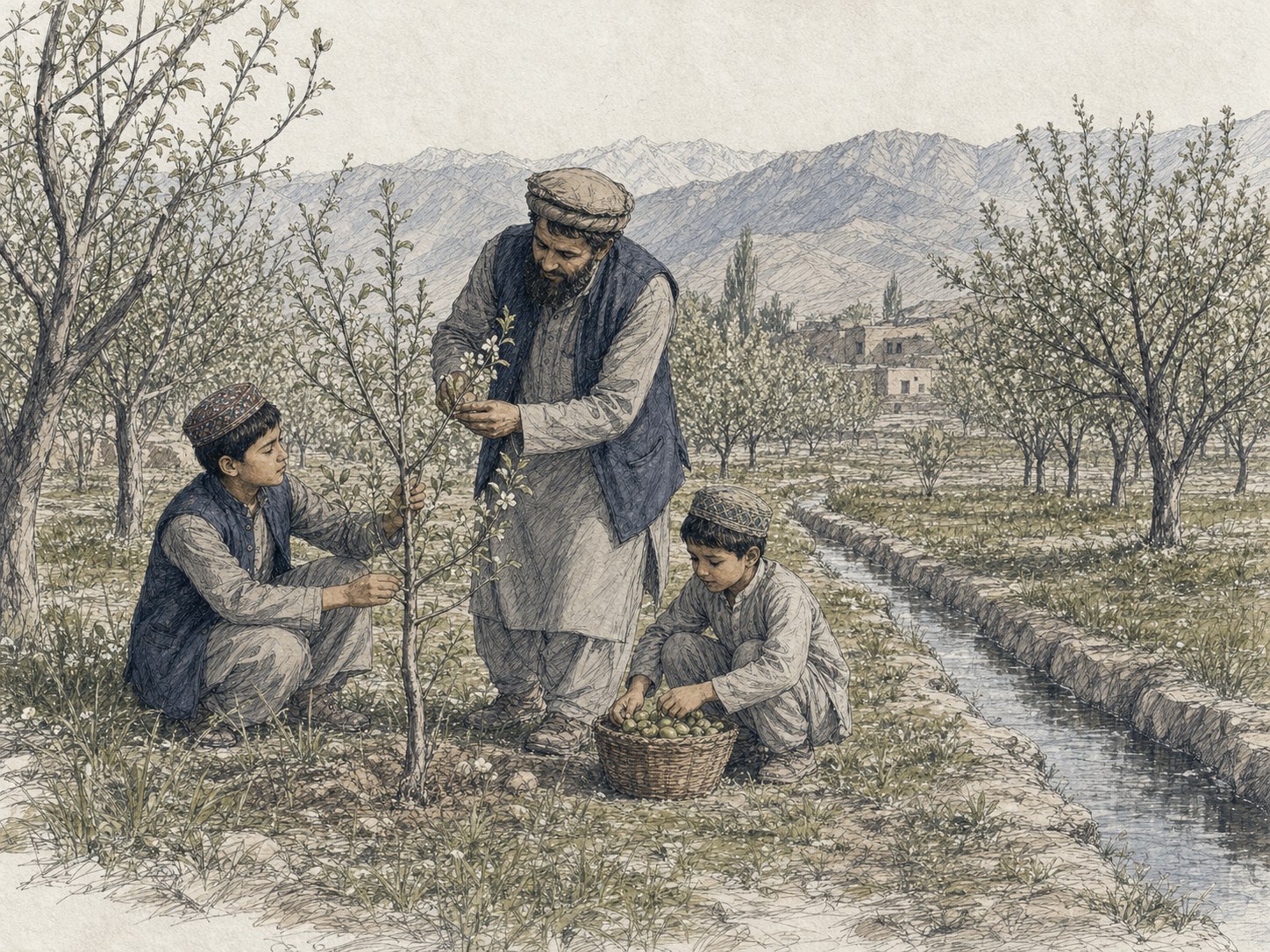 Hand-drawn documentary illustration of an Afghan father and his sons tending a productive orchard