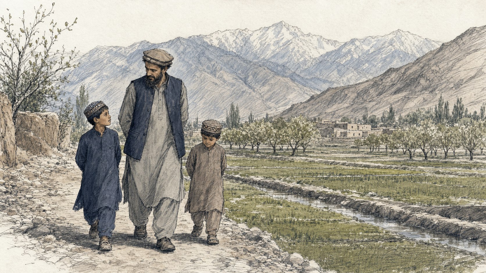 Hand-drawn documentary illustration of an Afghan father walking with his two sons beside cultivated fields