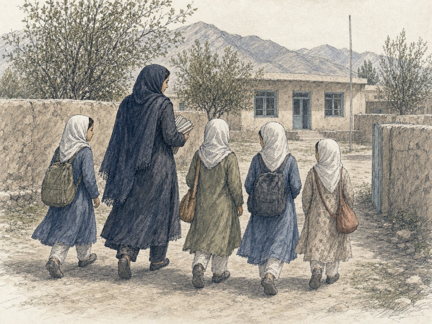 Hand-drawn documentary illustration of Afghan schoolgirls walking to class with a female teacher