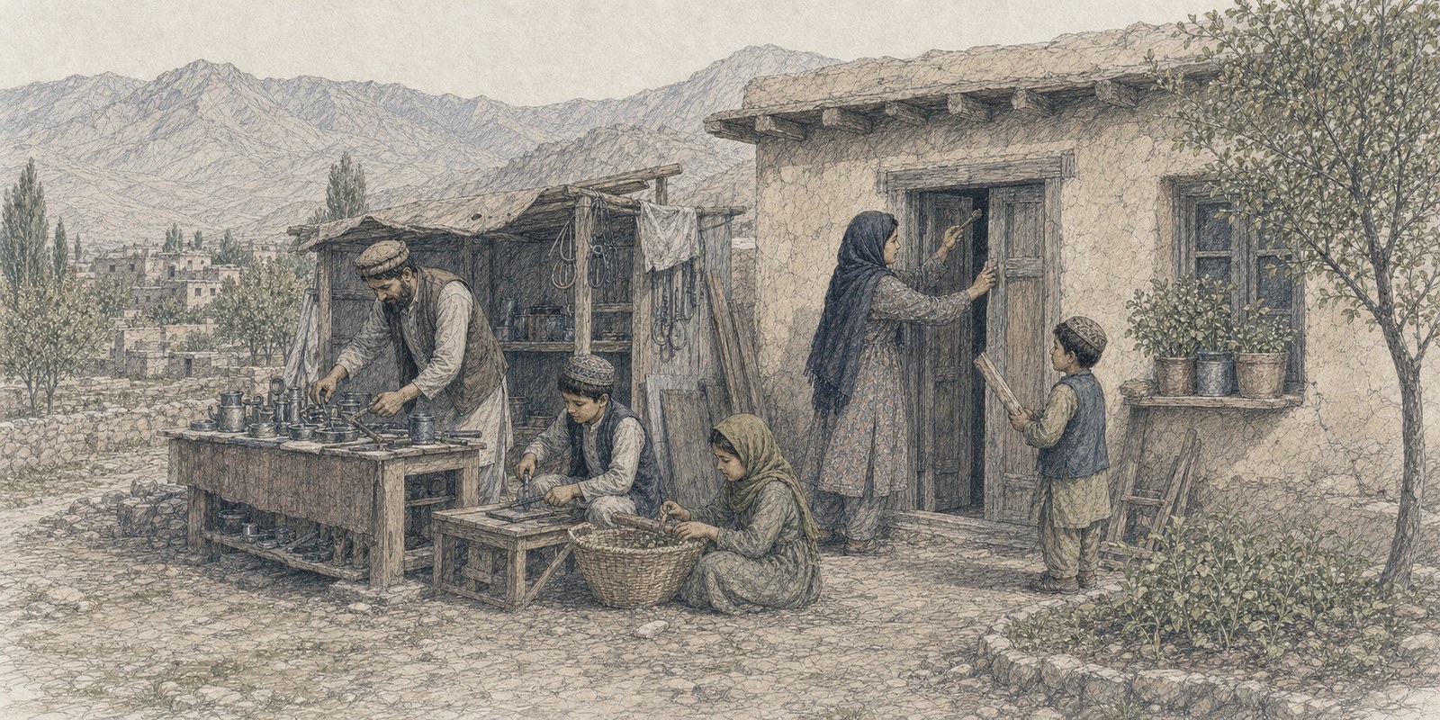 Hand-drawn illustration of an Afghan family rebuilding their home and reopening a small workshop