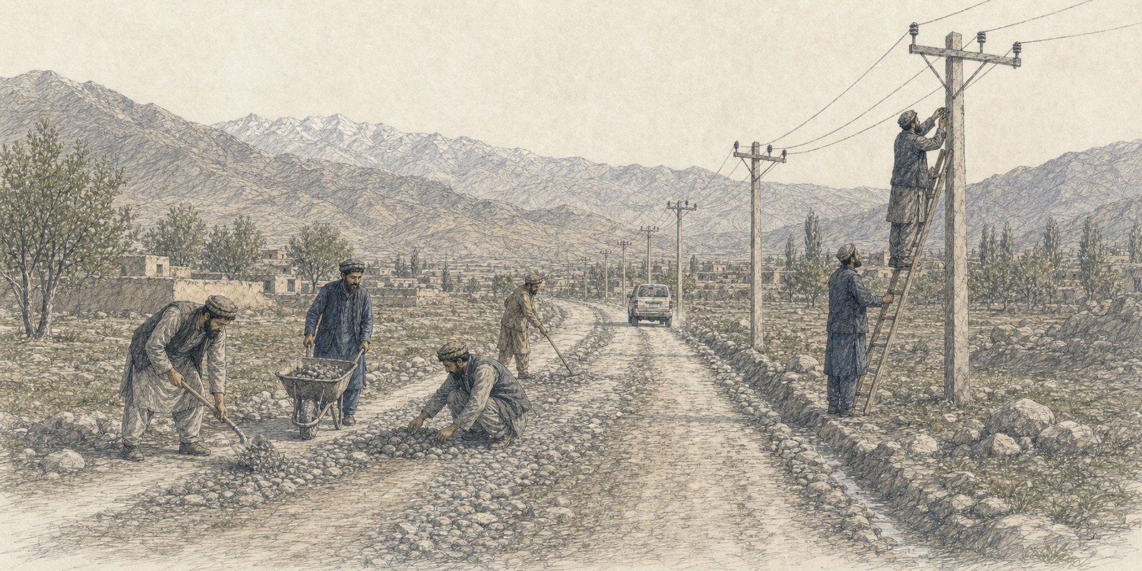 Hand-drawn illustration of Afghan workers repairing a reopened rural road while technicians connect power lines