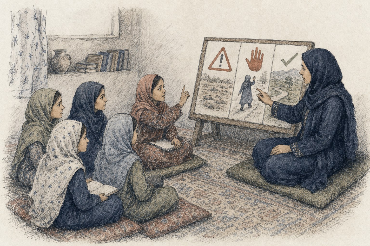 Hand-drawn illustration of an Afghan woman teaching a group of girls how to recognise, avoid and report explosive hazards