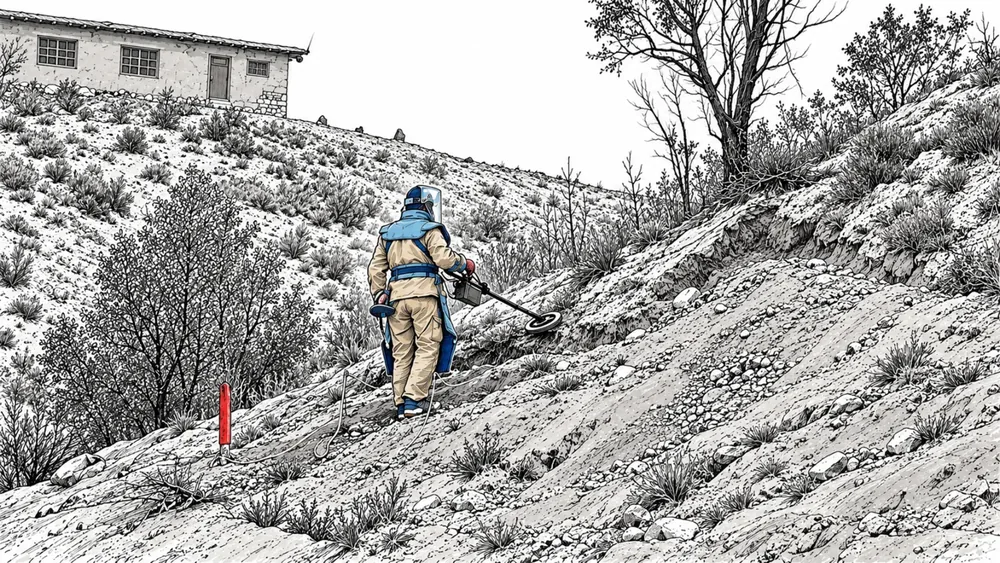 Ink drawing of a deminer in a visor and blast vest sweeping a steep hillside with a metal detector, a cable trailing behind him. A red marker stake stands in the ground below, and a house stands on the ridge above.